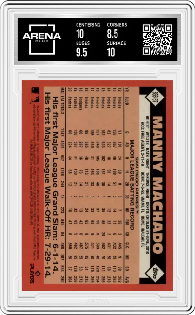 Manny Machado from the 2021 Topps Series 2 set graded by Arena Club and given an overall grade of 9.
