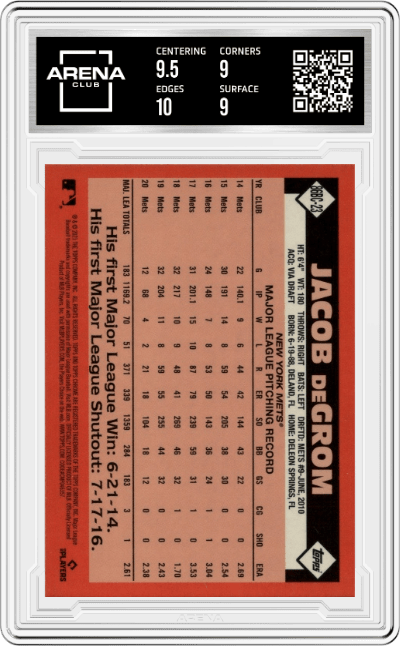 Jacob deGrom from the 2021 Topps Chrome set graded by Arena Club and given an overall grade of 9.5.