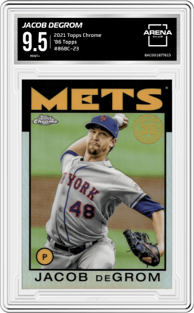 Jacob deGrom from the 2021 Topps Chrome set graded by Arena Club and given an overall grade of 9.5.
