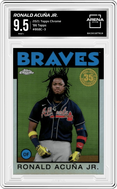 Ronald Acuña Jr. from the 2021 Topps Chrome set graded by Arena Club and given an overall grade of 9.5.