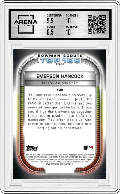 Emerson Hancock from the 2021 Bowman set graded by Arena Club and given an overall grade of 10.