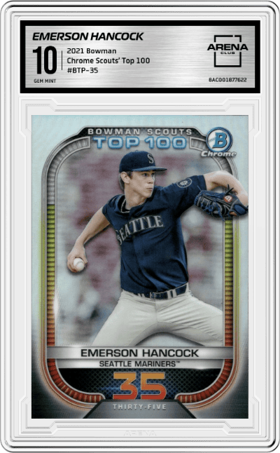 Emerson Hancock from the 2021 Bowman set graded by Arena Club and given an overall grade of 10.