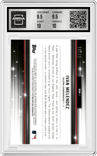 Ivan Melendez from the 2022 Bowman Draft set featuring a Green parallel graded by Arena Club and given an overall grade of 10.