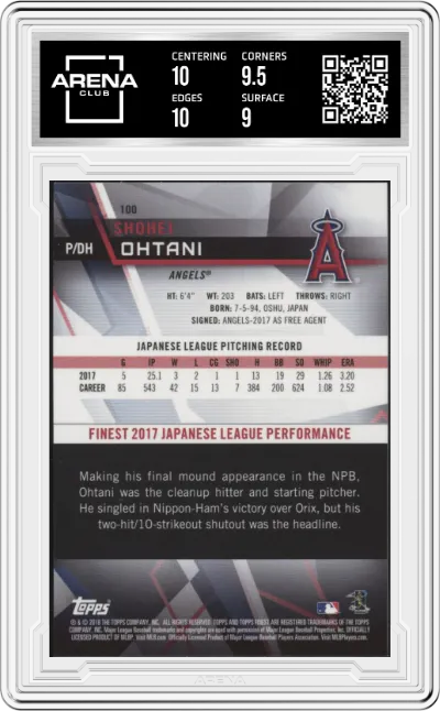 Shohei Ohtani from the 2018 Topps Finest set graded by Arena Club and given an overall grade of 9.5.