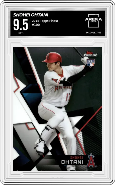 Shohei Ohtani from the 2018 Topps Finest set graded by Arena Club and given an overall grade of 9.5.