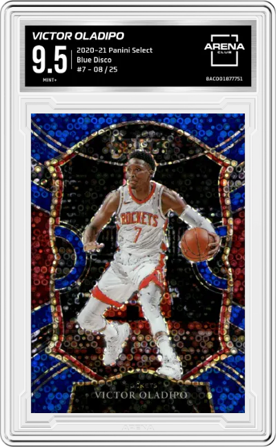 Victor Oladipo from the 2020-21 Panini Select  set featuring a Blue Disco parallel graded by Arena Club and given an overall grade of 9.5.