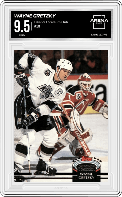 Wayne Gretzky from the 1992-93 Stadium Club set graded by Arena Club and given an overall grade of 9.5.