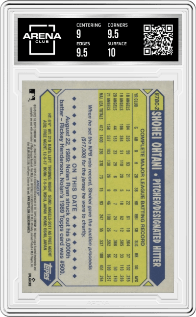 Shohei Ohtani from the 2022 Topps Chrome set graded by Arena Club and given an overall grade of 9.5.