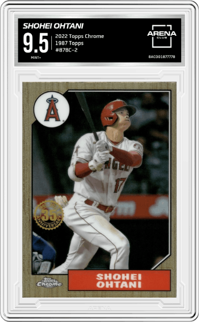 Shohei Ohtani from the 2022 Topps Chrome set graded by Arena Club and given an overall grade of 9.5.