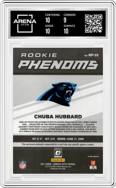 Chuba Hubbard from the 2021 Panini Donruss Optic set featuring a Blue Hyper parallel graded by Arena Club and given an overall grade of 9.5.