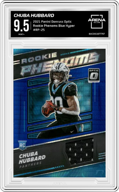 Chuba Hubbard from the 2021 Panini Donruss Optic set featuring a Blue Hyper parallel graded by Arena Club and given an overall grade of 9.5.