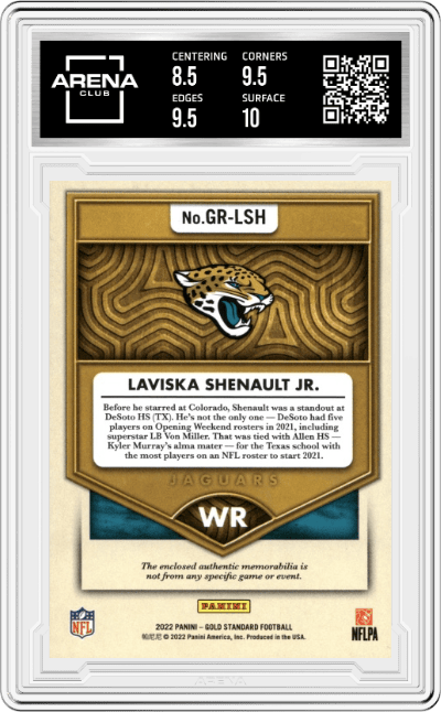 Laviska Shenault Jr.  from the 2022 Panini Gold Standard set graded by Arena Club and given an overall grade of 9.