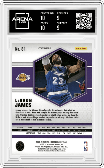 LeBron James from the 2020-21 Panini Mosaic set featuring a Silver Mosaic parallel graded by Arena Club and given an overall grade of 9.5.