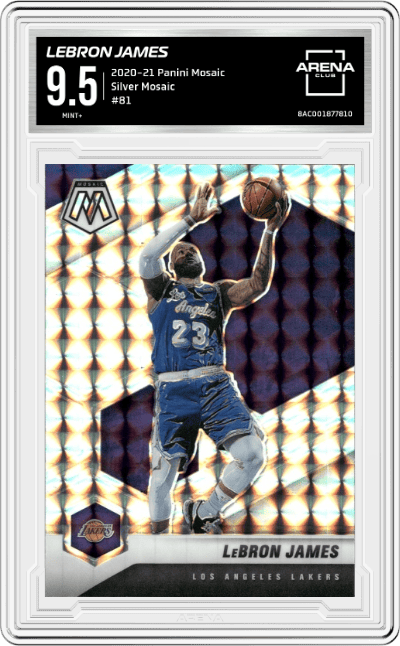 LeBron James from the 2020-21 Panini Mosaic set featuring a Silver Mosaic parallel graded by Arena Club and given an overall grade of 9.5.