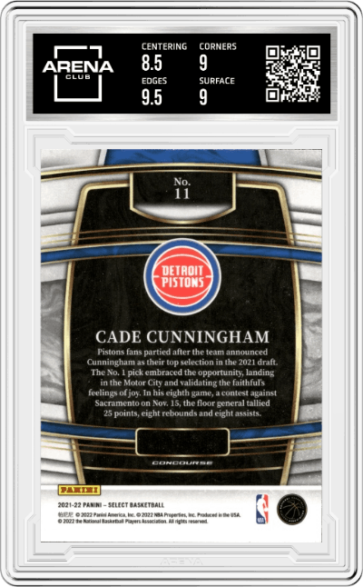 Cade Cunningham from the 2021-22 Panini Select set graded by Arena Club and given an overall grade of 9.