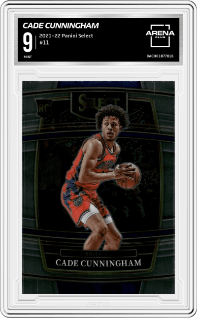 Cade Cunningham from the 2021-22 Panini Select set graded by Arena Club and given an overall grade of 9.