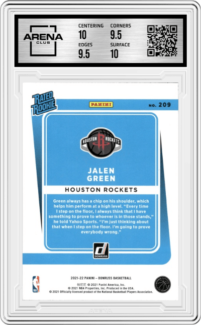Jalen Green from the 2021-22 Panini Donruss set graded by Arena Club and given an overall grade of 10.
