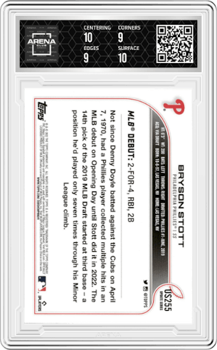 Bryson Stott from the 2022 Topps Update  set graded by Arena Club and given an overall grade of 9.5.