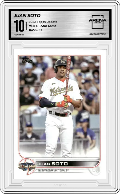 Juan Soto from the 2022 Topps Update  set graded by Arena Club and given an overall grade of 10.