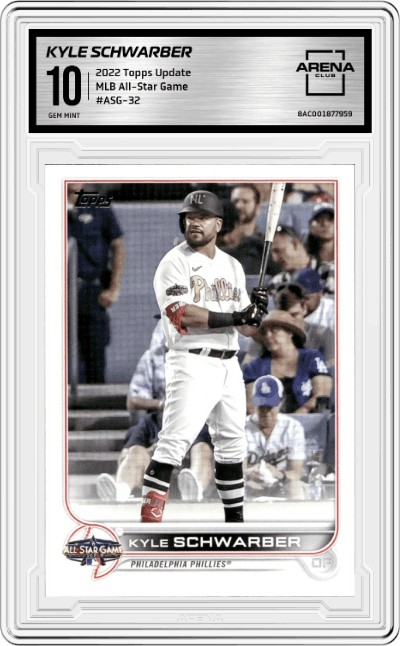 Kyle Schwarber from the 2022 Topps Update  set graded by Arena Club and given an overall grade of 10.