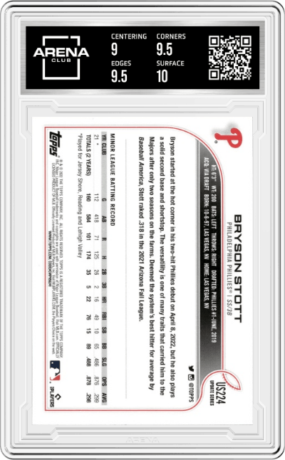 Bryson Stott from the 2022 Topps Update  set graded by Arena Club and given an overall grade of 9.5.