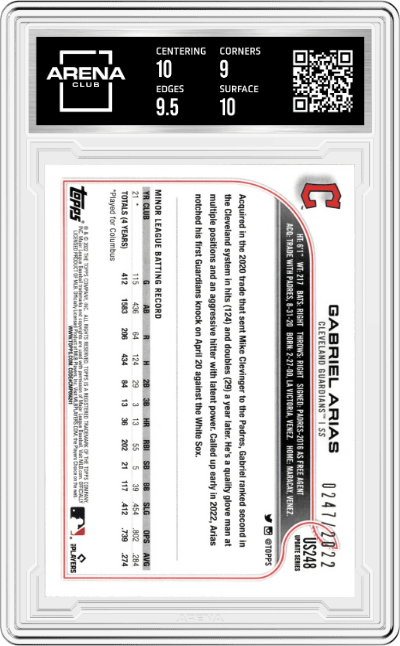 Gabriel Arias from the 2022 Topps Update  set featuring a Gold parallel graded by Arena Club and given an overall grade of 9.5.