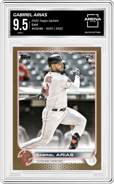 Gabriel Arias from the 2022 Topps Update  set featuring a Gold parallel graded by Arena Club and given an overall grade of 9.5.