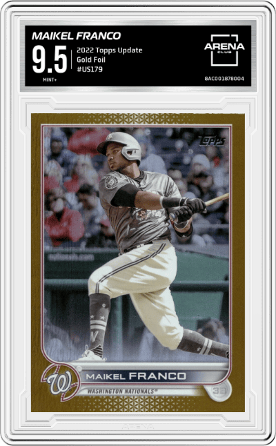 Maikel Franco from the 2022 Topps Update  set featuring a Gold Foil parallel graded by Arena Club and given an overall grade of 9.5.