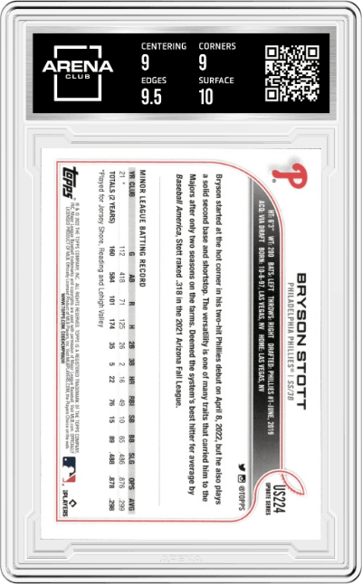 Bryson Stott from the 2022 Topps Update  set graded by Arena Club and given an overall grade of 9.5.