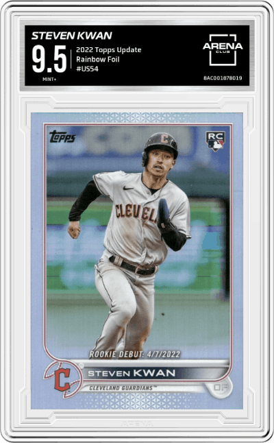 Steven Kwan from the 2022 Topps Update  set featuring a Rainbow Foil parallel graded by Arena Club and given an overall grade of 9.5.