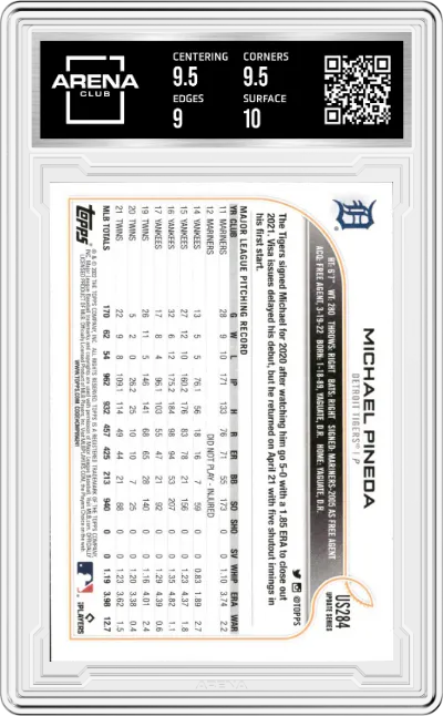 Michael Pineda from the 2022 Topps Update  set graded by Arena Club and given an overall grade of 9.5.