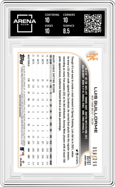 Luis Guillorme  from the 2022 Topps Update  set featuring a Orange Foil parallel graded by Arena Club and given an overall grade of 9.