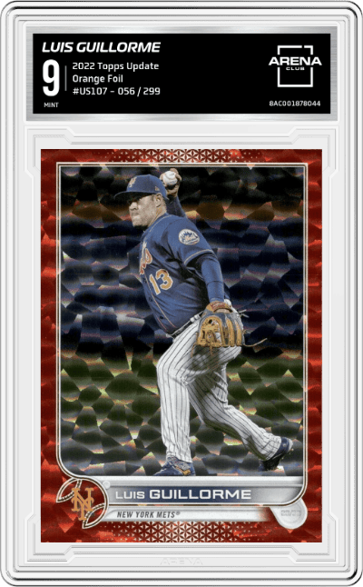 Luis Guillorme  from the 2022 Topps Update  set featuring a Orange Foil parallel graded by Arena Club and given an overall grade of 9.