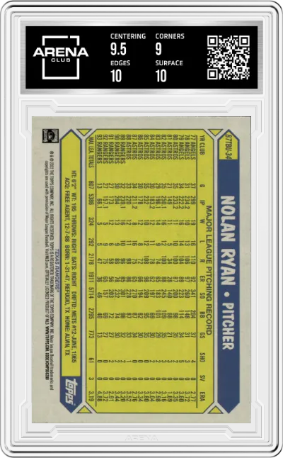 Nolan Ryan from the 2022 Topps Update  set graded by Arena Club and given an overall grade of 9.5.