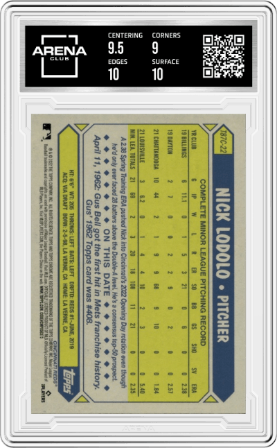 Nick Lodolo from the 2022 Topps Silver Pack  set graded by Arena Club and given an overall grade of 9.5.