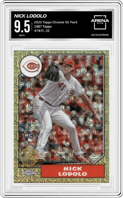 Nick Lodolo from the 2022 Topps Silver Pack  set graded by Arena Club and given an overall grade of 9.5.