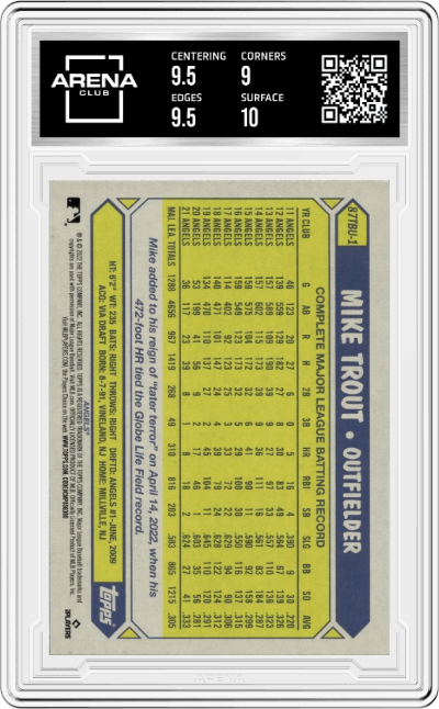 Mike Trout from the 2022 Topps Update  set graded by Arena Club and given an overall grade of 9.5.