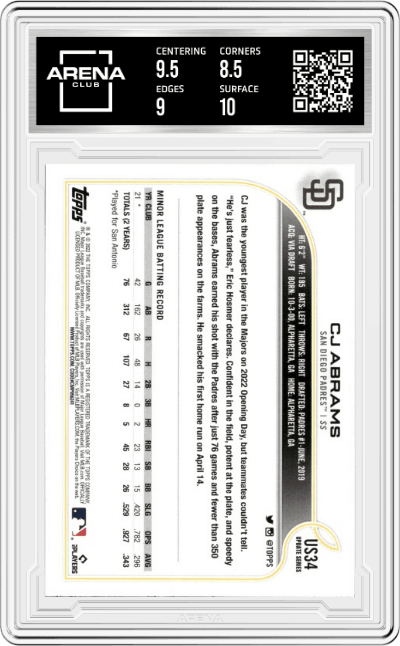 CJ Abrams from the 2022 Topps Update  set graded by Arena Club and given an overall grade of 9.