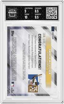 Andrew McCutchen from the 2022 Topps Update Series set featuring a Black parallel graded by Arena Club and given an overall grade of 9.
