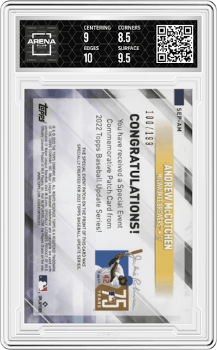 Andrew McCutchen from the 2022 Topps Update Series set featuring a Black parallel graded by Arena Club and given an overall grade of 9.