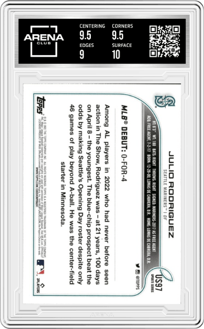 Julio Rodriguez from the 2022 Topps Update  set graded by Arena Club and given an overall grade of 9.5.