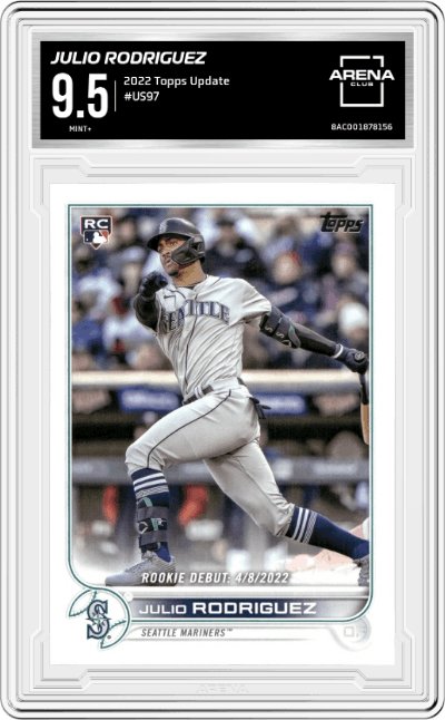 Julio Rodriguez from the 2022 Topps Update  set graded by Arena Club and given an overall grade of 9.5.