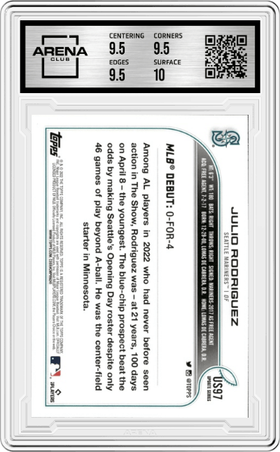 Julio Rodriguez from the 2022 Topps Update  set graded by Arena Club and given an overall grade of 10.