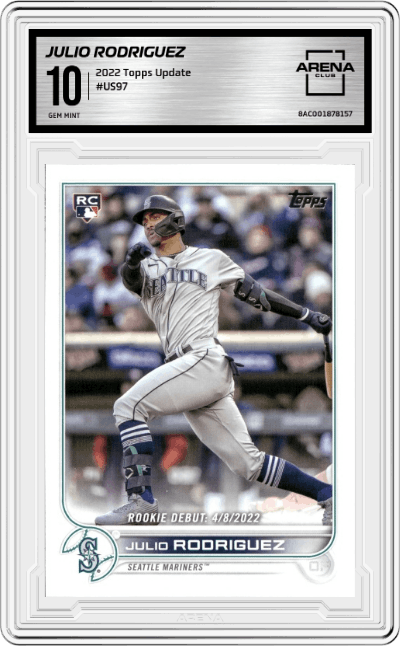 Julio Rodriguez from the 2022 Topps Update  set graded by Arena Club and given an overall grade of 10.
