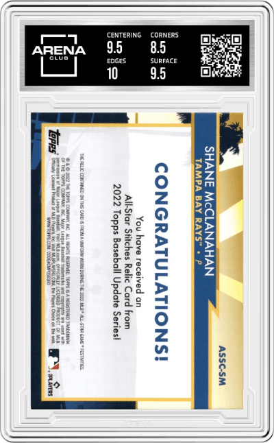 Shane McClanahan from the 2022 Topps Update  set graded by Arena Club and given an overall grade of 9.