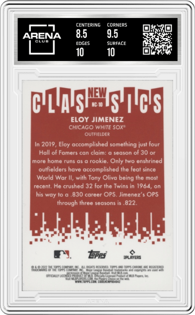 Eloy Jimenez from the 2022 Topps Chrome set graded by Arena Club and given an overall grade of 9.