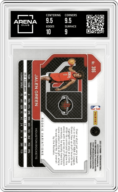 Jalen Green from the 2021-22 Panini Prizm  set graded by Arena Club and given an overall grade of 9.5.
