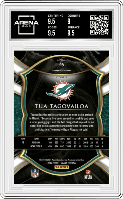 Tua Tagovailoa from the 2020 Panini Select set featuring a Silver Prizm parallel graded by Arena Club and given an overall grade of 9.5.