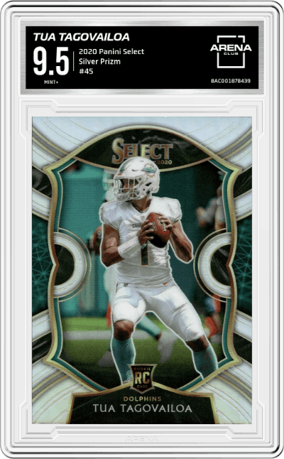 Tua Tagovailoa from the 2020 Panini Select set featuring a Silver Prizm parallel graded by Arena Club and given an overall grade of 9.5.