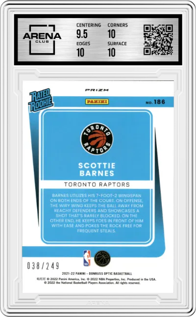 Scottie Barnes from the 2021-22 Panini Donruss Optic set featuring a Premium Box Set  parallel graded by Arena Club and given an overall grade of 10.